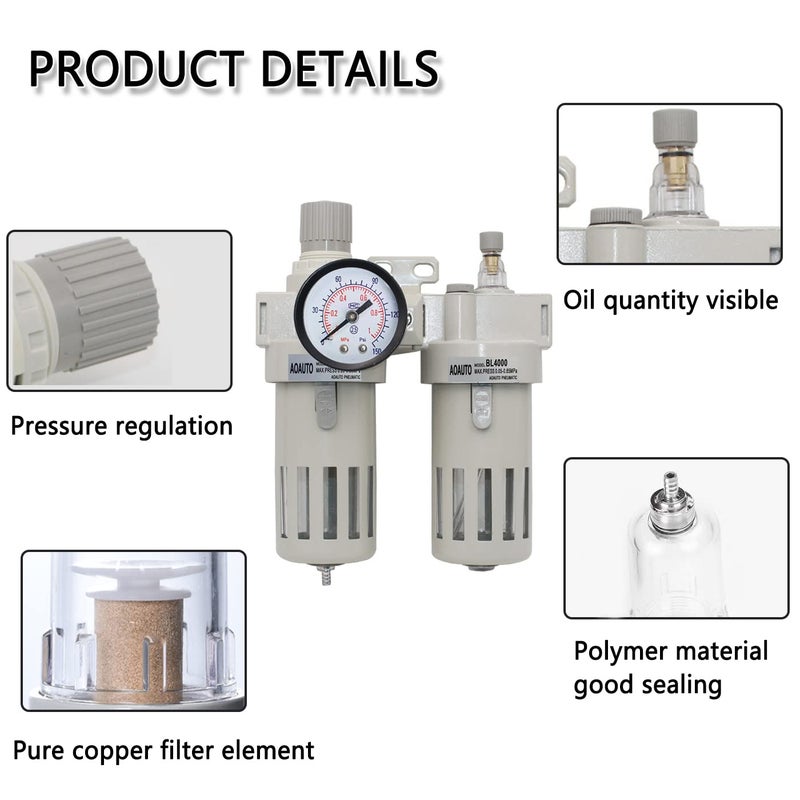AOAUTO 1/2" NPT Compressed Air Filter Regulator Lubricator Combo,Air Tool Compressor Filter with Gauge(0-150PSI),Air Dryer for Compressor,Water/Oil Trap Separator(Manual Drainage) - Image 5